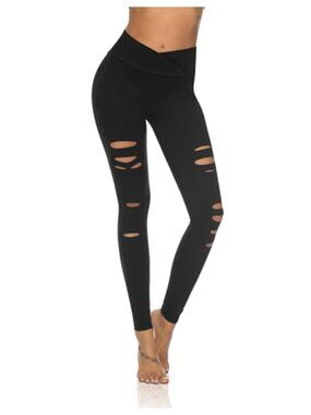 Womens High Waist Crossover Yoga Pants Ripped Leggings